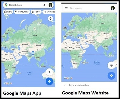 Snapshot comparing Google Maps app and website