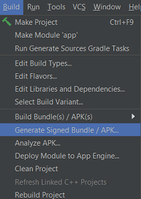 Select Generate Signed Bundle / APK
